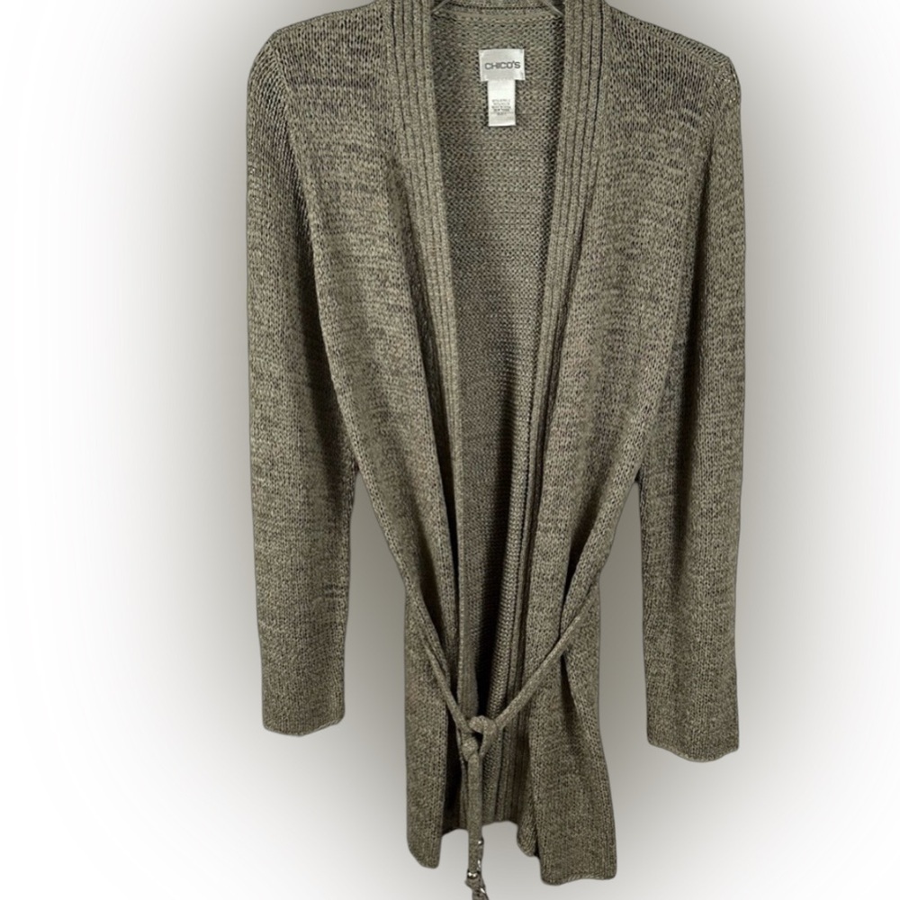 Chico’s Open Front Belted Long Cardigan Sweater Silver Accents Taupe 1/M(8)